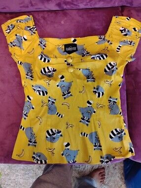Collectif Yellow Raccoon and Banana Print Formfitting Top